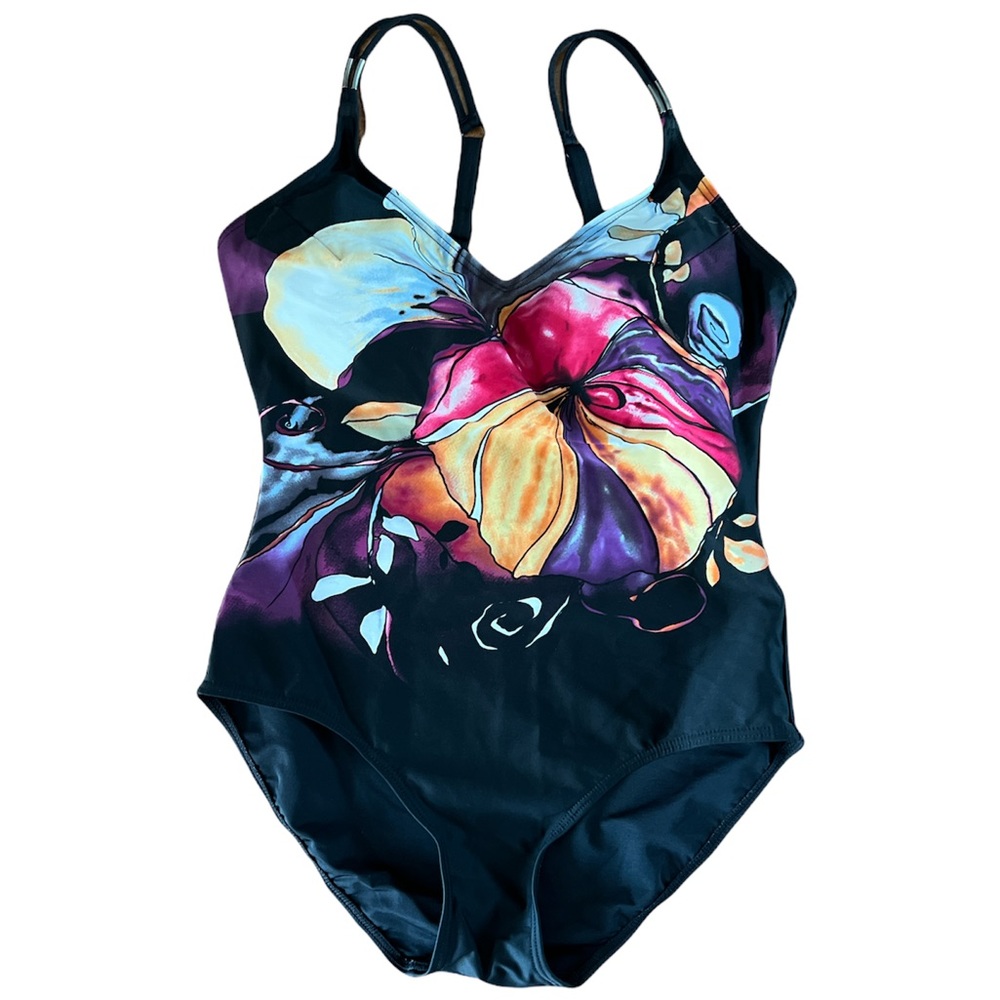Fantasizier Women’s bathing suit black with a fun colorful floral print …